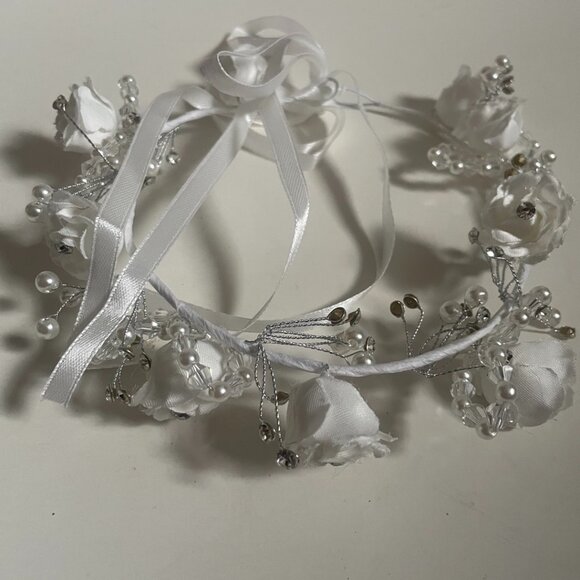 White Floral Pearl & Crystal Headband Crown - Picture 1 of 8